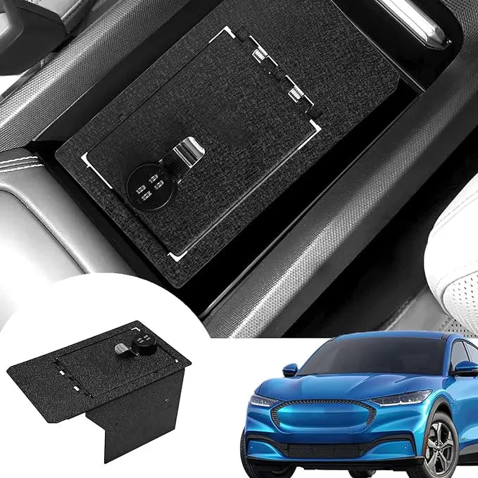 The center console safe with a 4-digit combination lock suitable for the 2021-2024 Ford mustang model is installed on the center console.