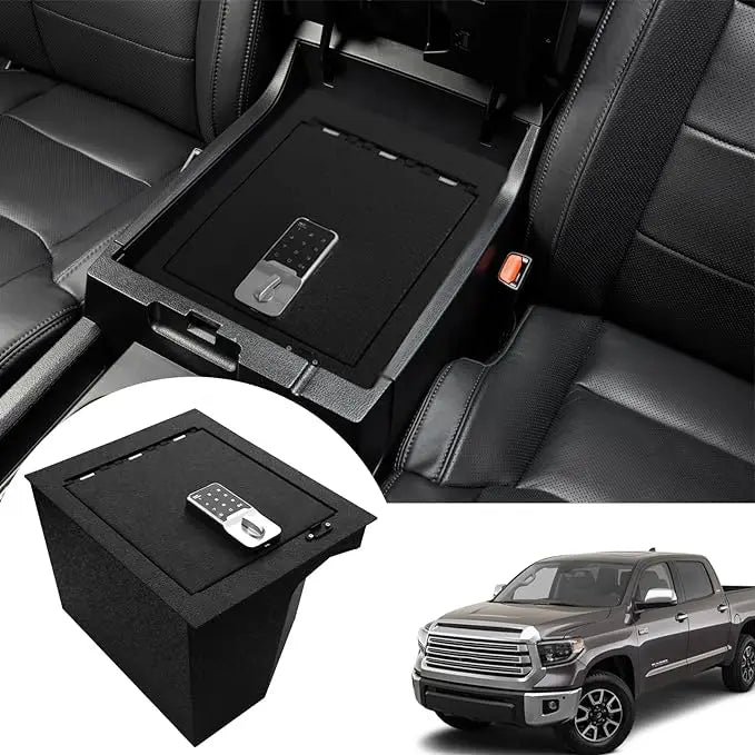 A center console safe with an electronic keyboard lock is installed on the center console of the 2014-2021 Toyota Tundra car.